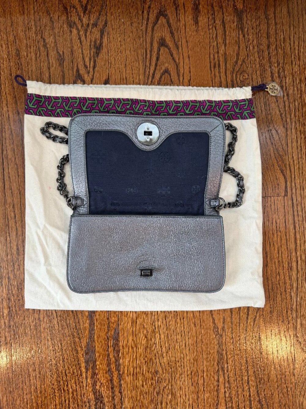 Tory Burch Adalyn Metallic Pewter Leather Flap Chain Crossbody Clutch + Dust Bag